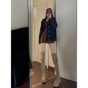 他她女孩真皮 2025年高跟长靴骑 两穿过膝长筒靴秋冬棕色靴子女款