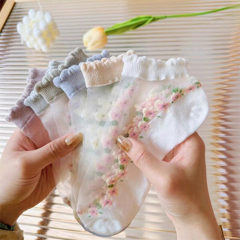 袜子女薄款卡丝袜夏季女士玻璃丝花边水晶船袜透气短筒袜防臭抗菌