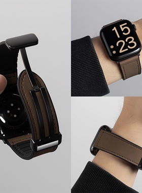 适用苹果S10表带男iwatch9手表applewatch8疯马纹皮质S9透气S8新款10磁吸S7运动7智能S6真皮SE硅胶秋冬女腕带