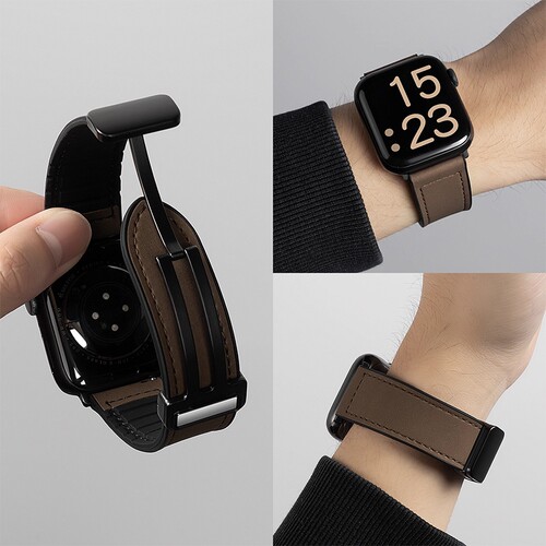 适用苹果S10表带男iwatch9手表applewatch8疯马纹皮质S9透气S8新款10磁吸S7运动7智能S6真皮SE硅胶秋冬女腕带