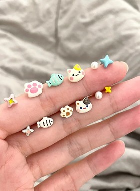 猫猫和小鱼~可爱套装耳钉女小众设计甜美耳环森系新款ins爱心星星