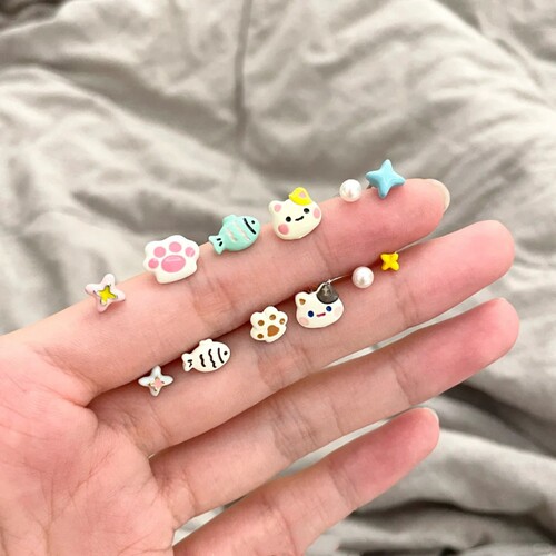 猫猫和小鱼~可爱套装耳钉女小众设计甜美耳环森系新款ins爱心星星