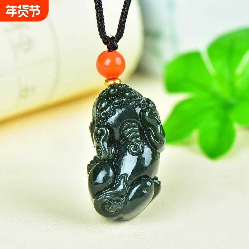 正品新疆和田玉貔貅吊坠青玉男女情侣款真玉石项链挂件玉佩可复检