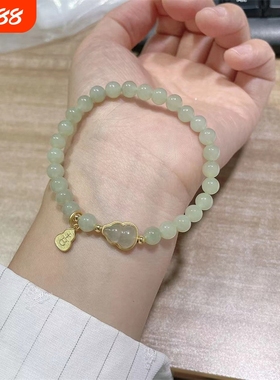 推荐天然和田玉珠子手链女福禄金镶玉葫芦古风翡翠转手串