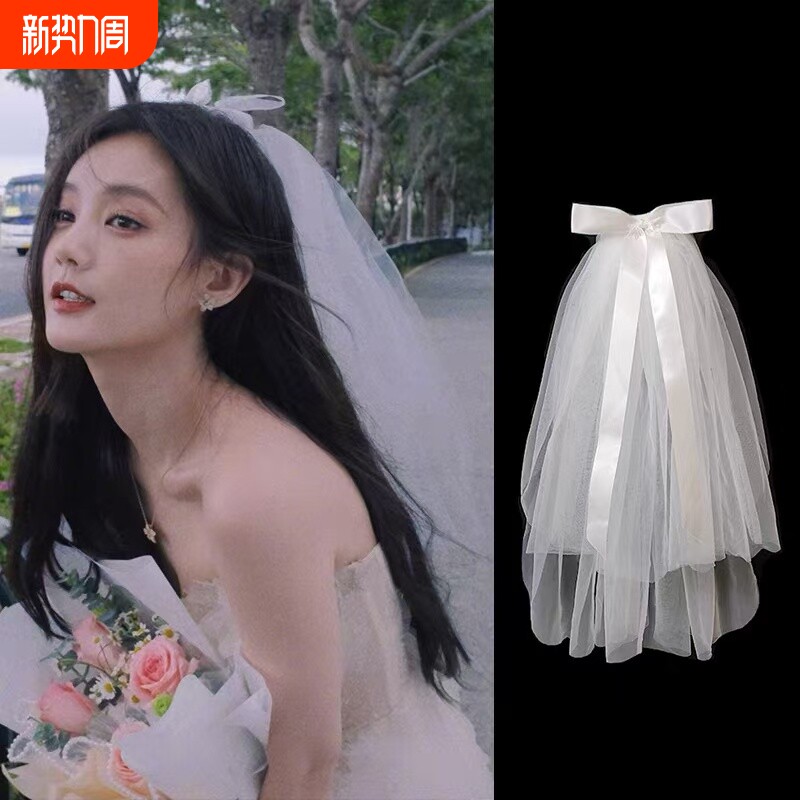 李一桐同款求婚头纱领证登记拍照节日装饰蝴蝶结头纱儿童元旦表演