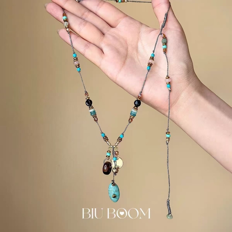 「biu boom」民族风绿色吊坠串珠项链复古个性小众简约锁骨链