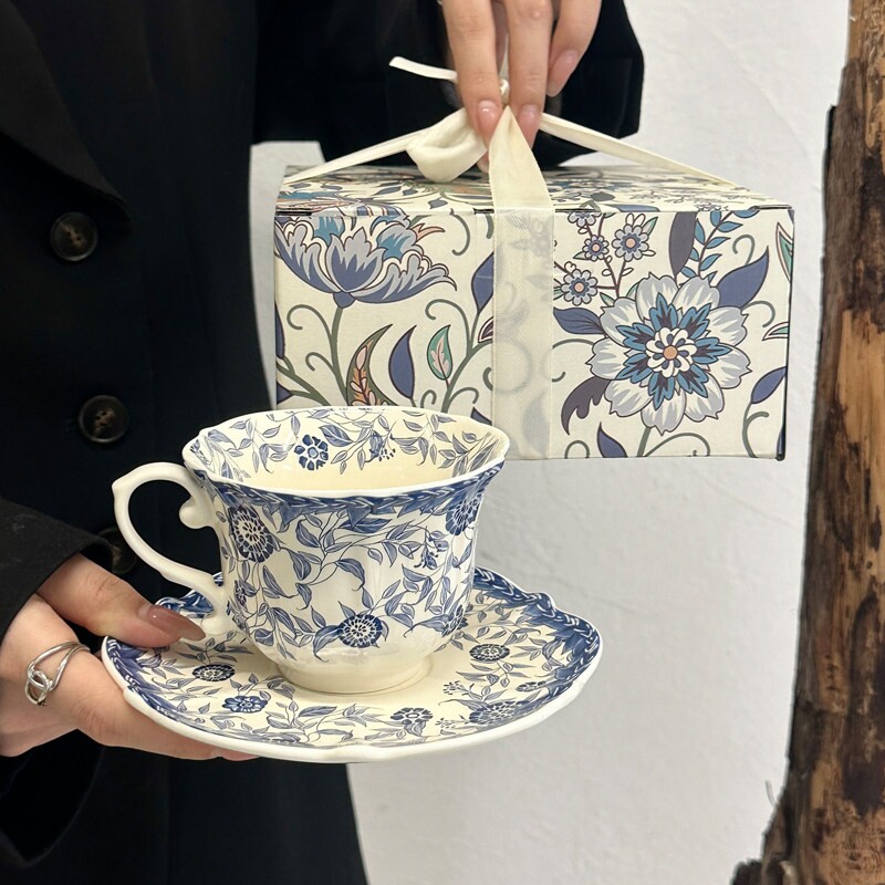 中古风青花陶瓷咖啡杯碟精致复古下午茶马克杯女生伴手礼生日礼物