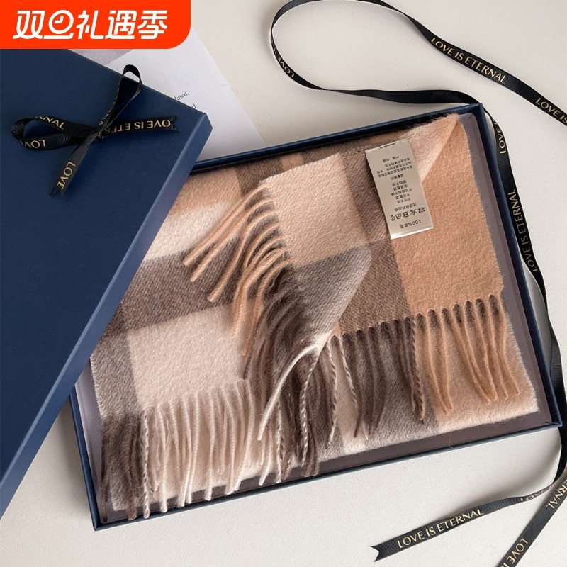 爆款英伦风100%羊毛格子围巾冬季保暖情侣围脖生日礼物轻奢格纹