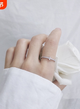 s925纯银单排细钻十字架戒指女镶钻时尚百搭学生食指戒网红气质款