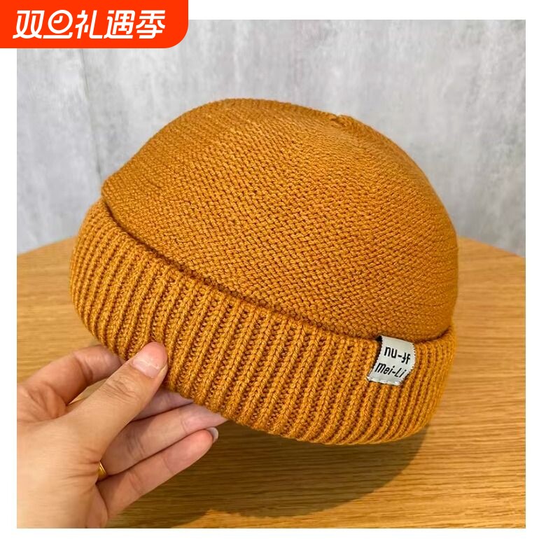 无檐针织帽子男女秋冬大头日系嘻哈西瓜雅痞地主帽瓜皮薄款毛线帽