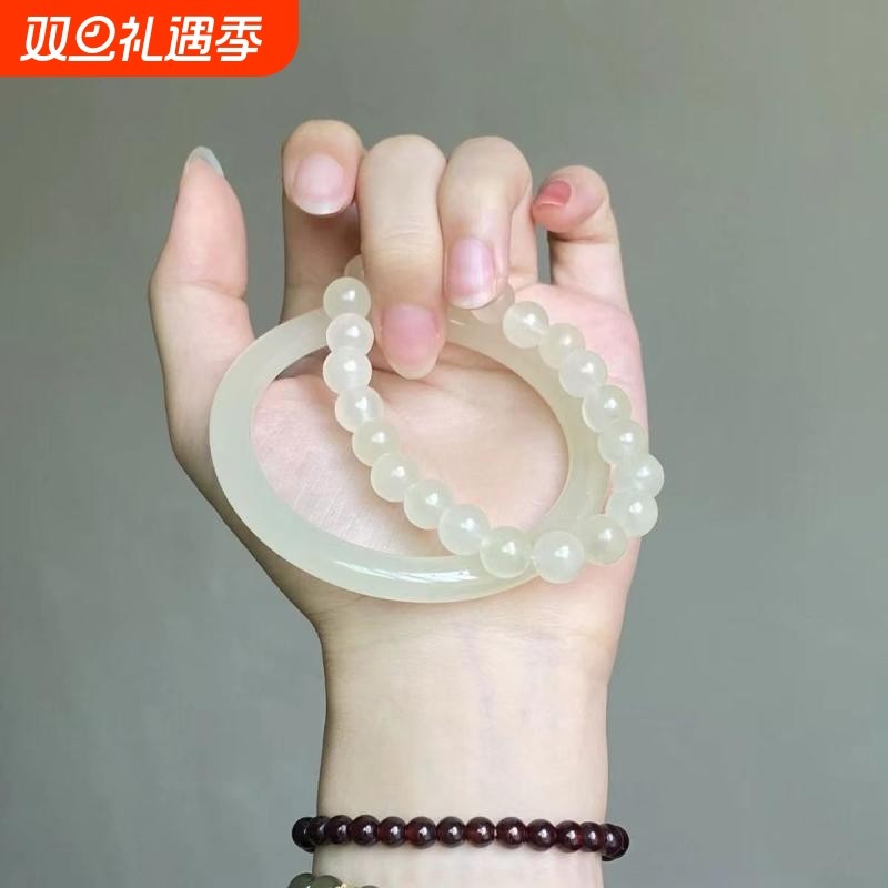 青白玉手镯手链女玉镯冰透古风唯美温柔气质款晴水色手镯手链礼物