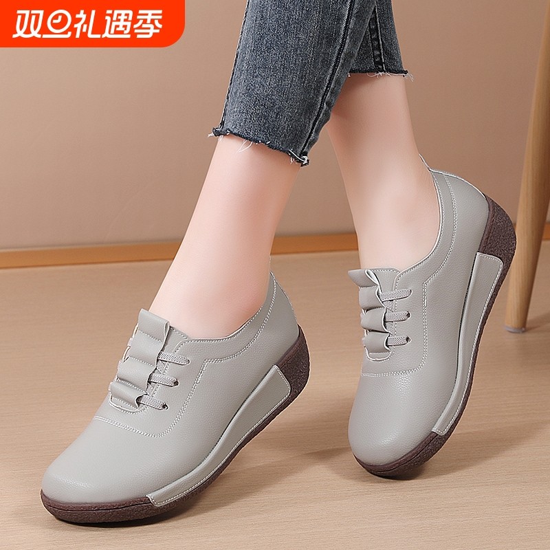 蜘蛛王真皮厚底松糕鞋女士牛筋软底中老年单鞋休闲平底防滑妈妈鞋