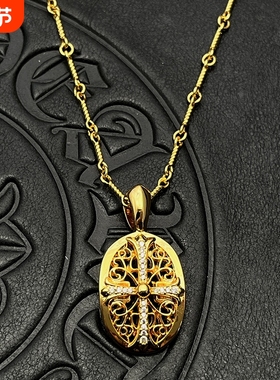 ODEK22K金色镶钻守护者盾牌吊坠项链欧美男女小众嘻哈个性款镀金
