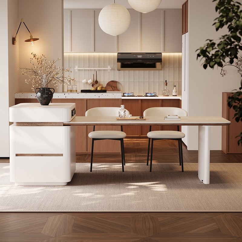 岛台餐桌一体家用可伸缩电动法式中导台简约高级感奶油风岩板餐桌