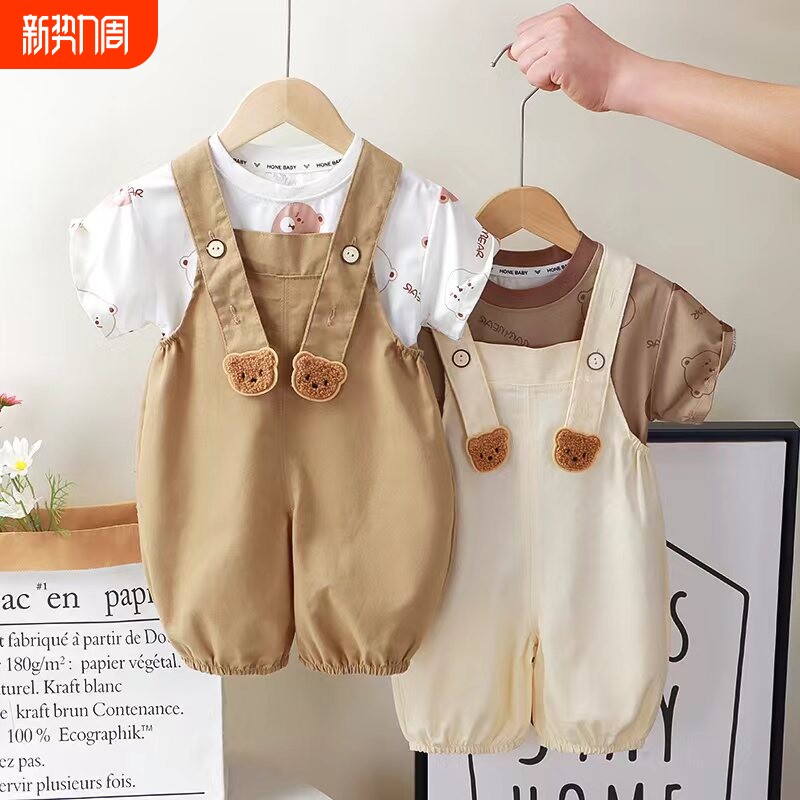 儿童夏季洋气背带裤男女宝宝短袖背带裤套装2026休闲薄款儿童Y1