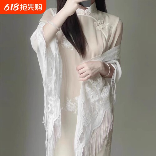 新中式中国风高级感蕾丝旗袍披肩防晒衣外搭女薄流苏开衫外套