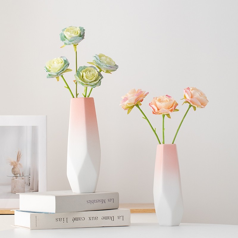 渐变粉陶瓷花瓶轻奢高级感摆件客厅插花设计感小众桌面玄关电视柜