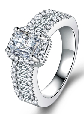 wish热卖长方钻满钻戒指 镀925银感梯方钻订婚派对公主方戒指