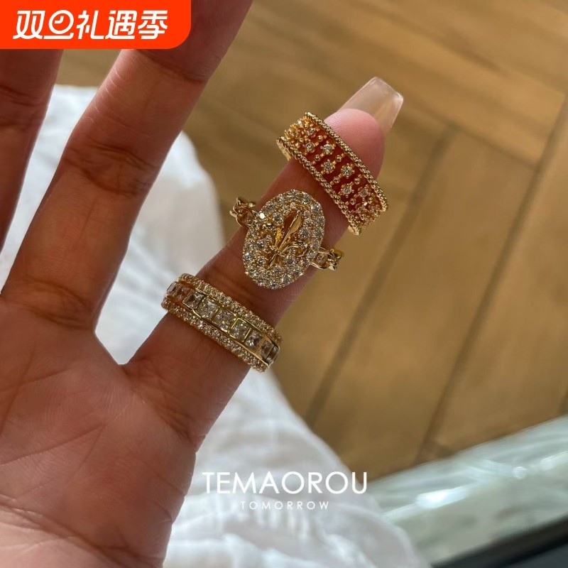 vintage叠戴华丽重工金色排钻戒指爆闪老钱风食指戒高级感贵气