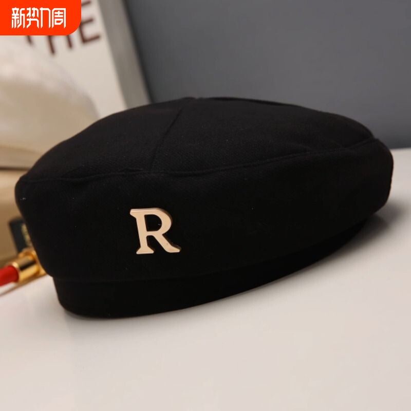 黑色新款贝雷帽女春秋款2023显脸小八角蓓蕾帽子春天平顶手工帽檐