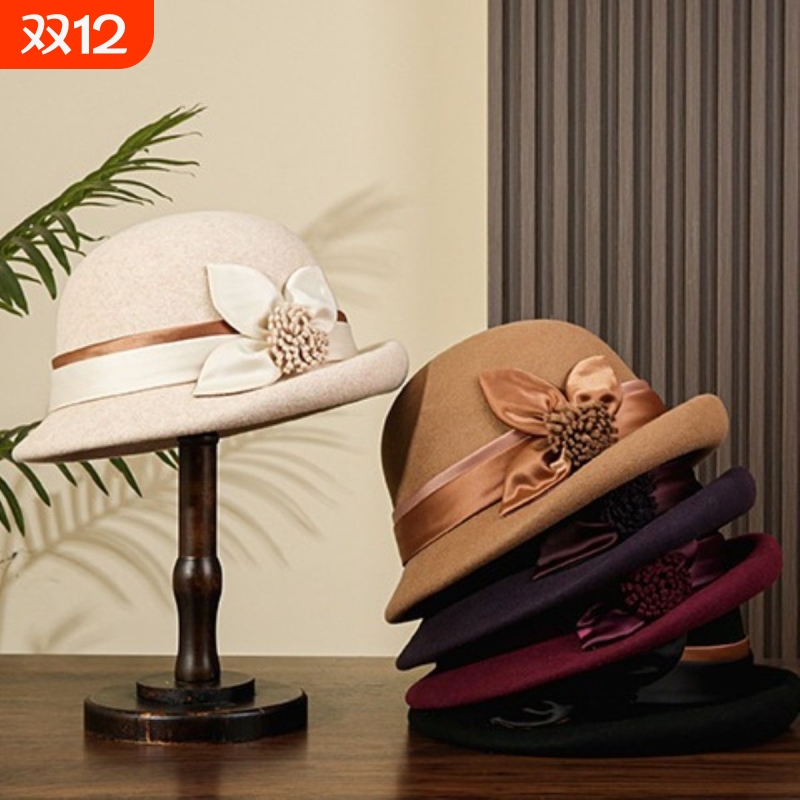 富家千金帽子女高端秋冬季卷檐纯羊毛毡帽渔夫帽高级感赫本风盆帽