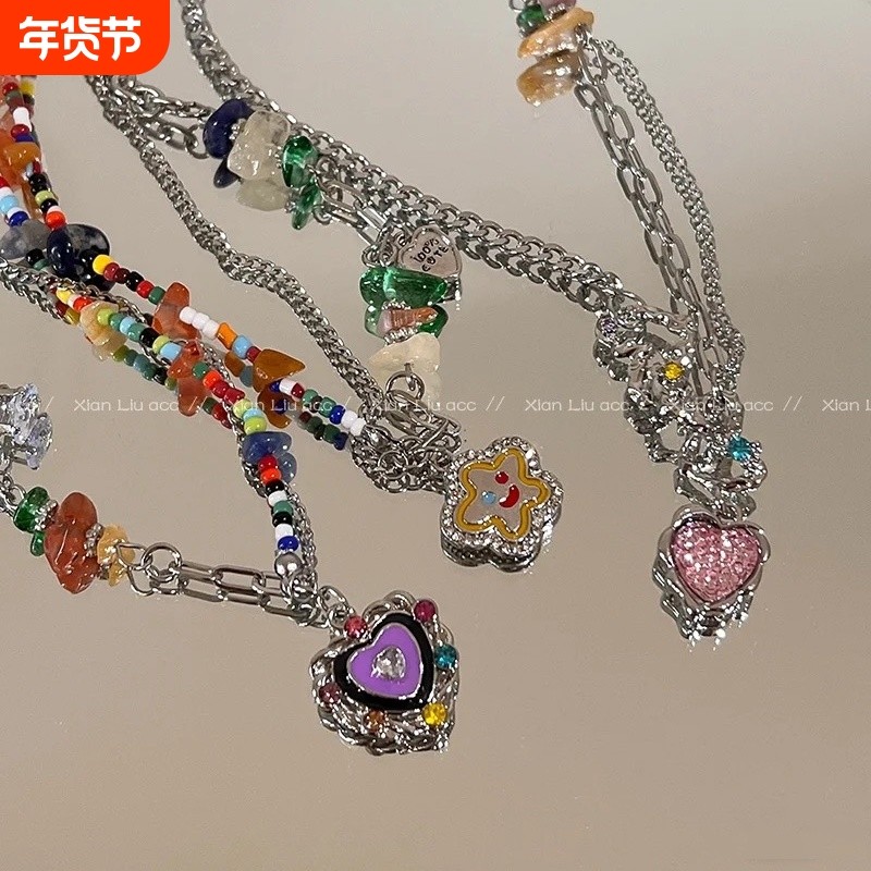 爱心氛围感七彩石夏季彩色项链套装小众设计甜酷辣妹锁骨链镀金