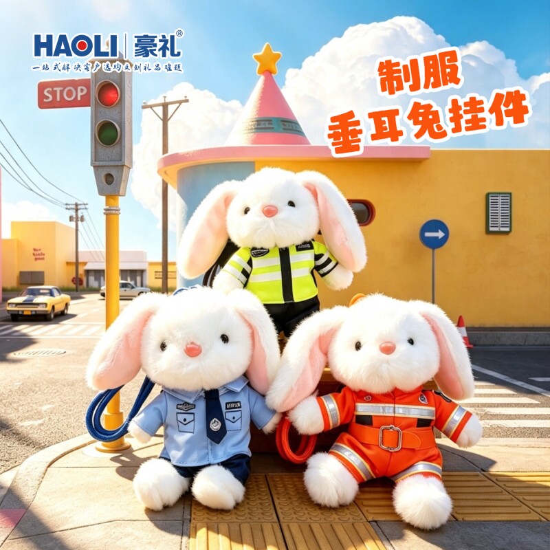 豪礼毛绒制服垂耳兔子钥匙扣警察交警消防员玩偶包包挂件潮玩包挂