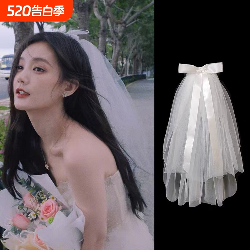 李一桐同款求婚头纱领证登记拍照节日装饰蝴蝶结头纱儿童元旦表演