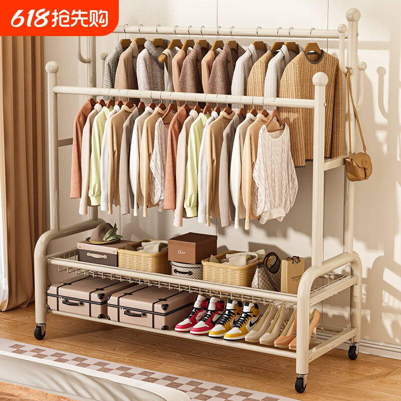 双杆晾衣架家用简易衣帽架落地室内加厚卧室挂衣架房间挂衣服架子
