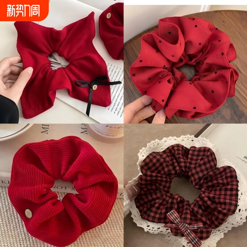 红色方巾大肠发圈女高级感秋冬头绳慵懒风低丸子头发饰蝴蝶结蕾丝