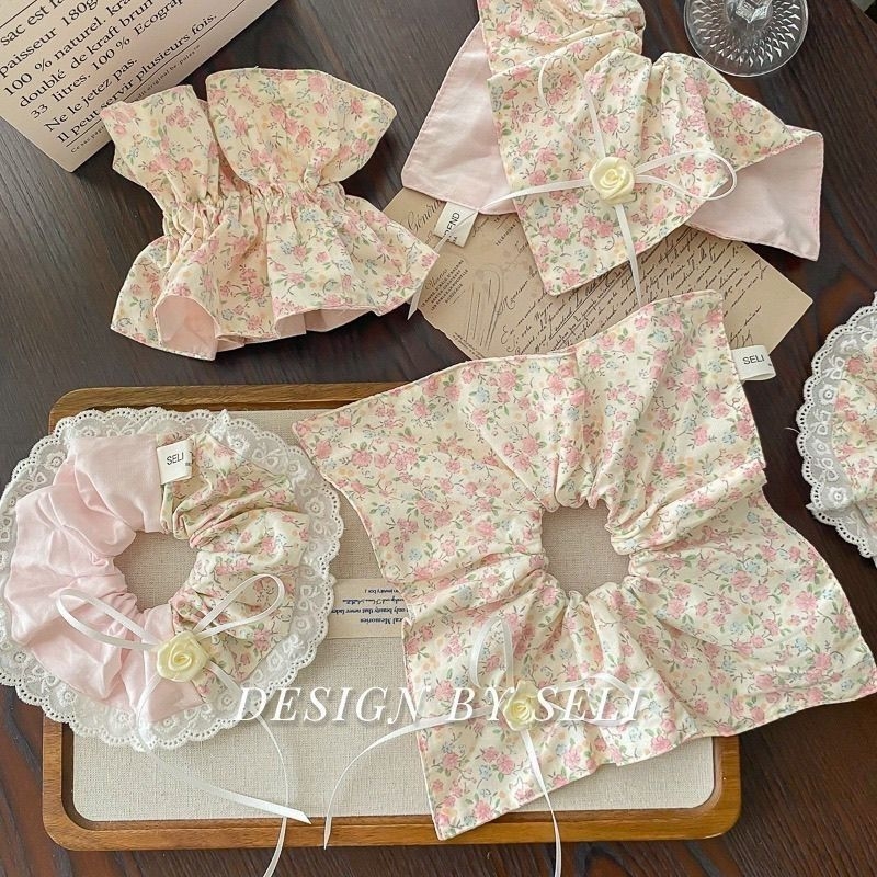 大肠发圈粉黛玫瑰樱花夏日蝴蝶结小清新碎花双拼优雅百搭发饰女饰