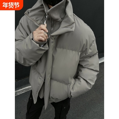 户外冬季休闲保暖外套男女短外套潮牌假两件羽绒服加厚棉袄PU皮面