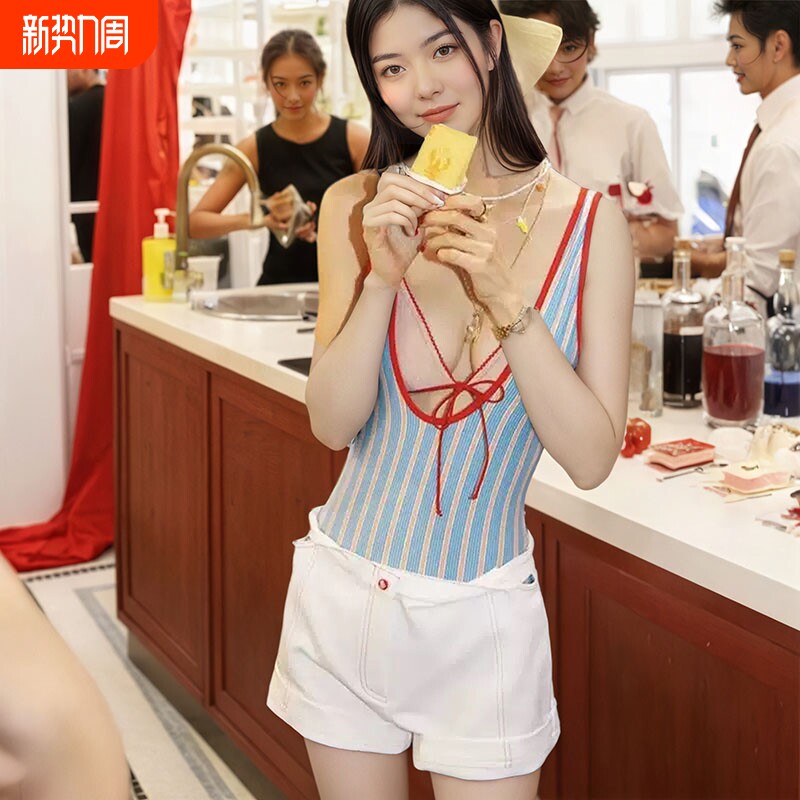 2025新款夏季泰国小众蝴蝶结条纹连体泳衣女高级感蓝色条纹比基尼