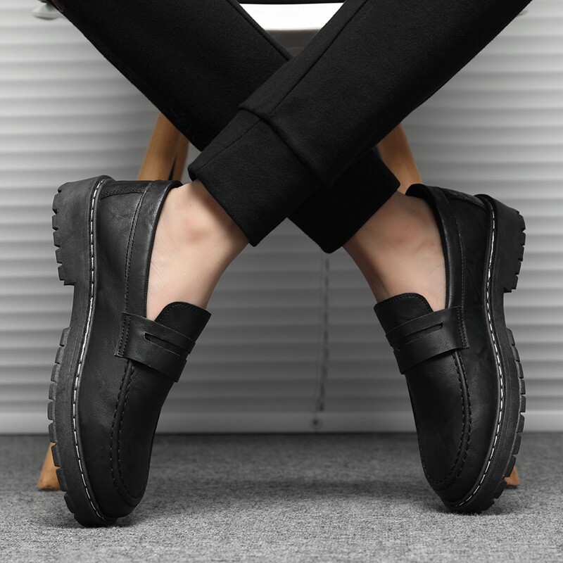 秋季英伦小皮鞋男一脚蹬套脚懒人乐福鞋青年休闲工作代发男鞋