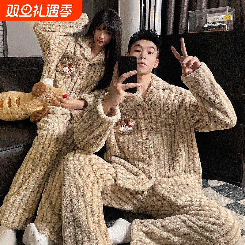 珊瑚绒情侣睡衣女款秋冬季加绒加厚2025新款法兰绒男士卡通家居服