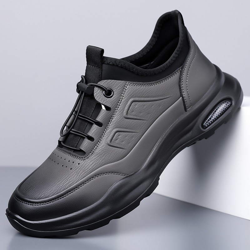 男鞋新款年秋冬季时尚厚底休闲鞋透气运动鞋免系带黑色圆头真皮