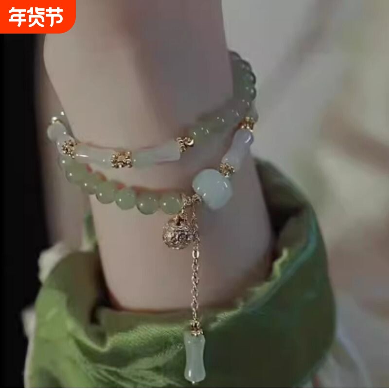 和田玉竹节手串女新中式复古高级感金丝玉南瓜串珠手链