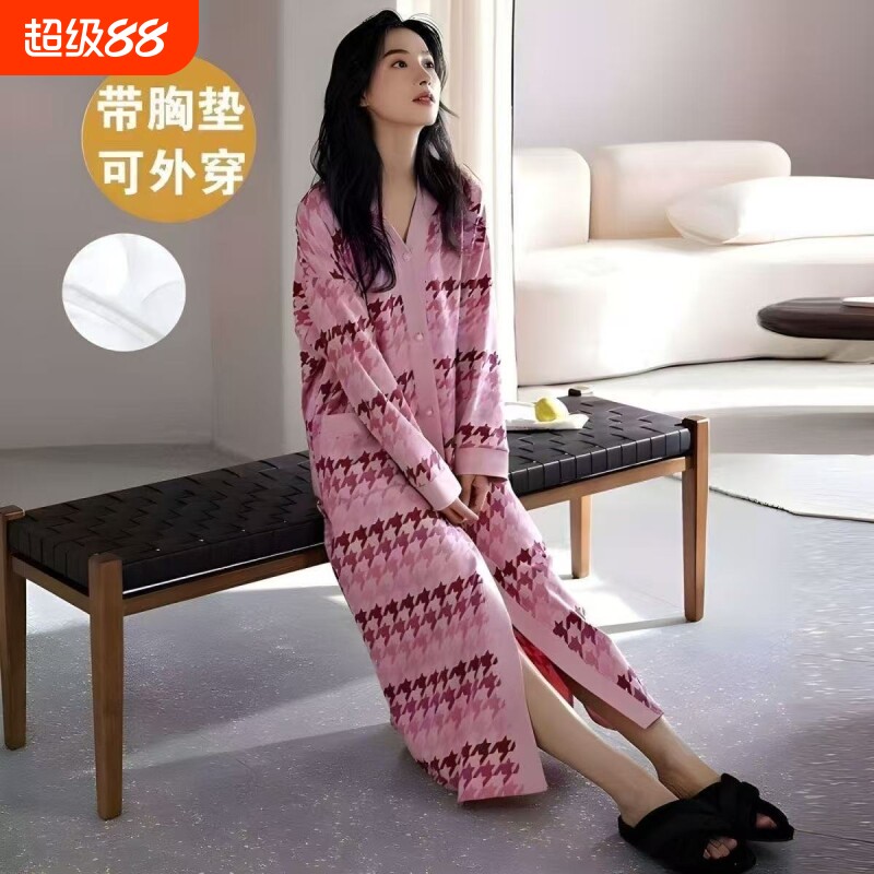 带胸垫一体睡裙女秋冬2025新款长袖睡衣青年甜美宽松千鸟格家居服