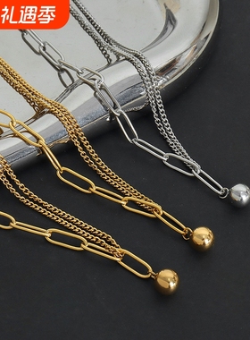 双层链条拼接锁骨链百搭饰品女钛钢18k金西太后气质圆珠吊坠新款