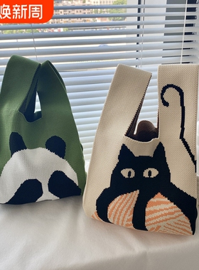 日韩撞色手工猫咪编织包托特购物袋造型手提小包通勤百搭卡通绿色