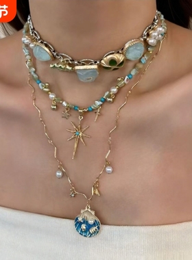 古着vintage项链蓝金色贝壳星芒串珠项链叠戴小众轻奢时尚复古风