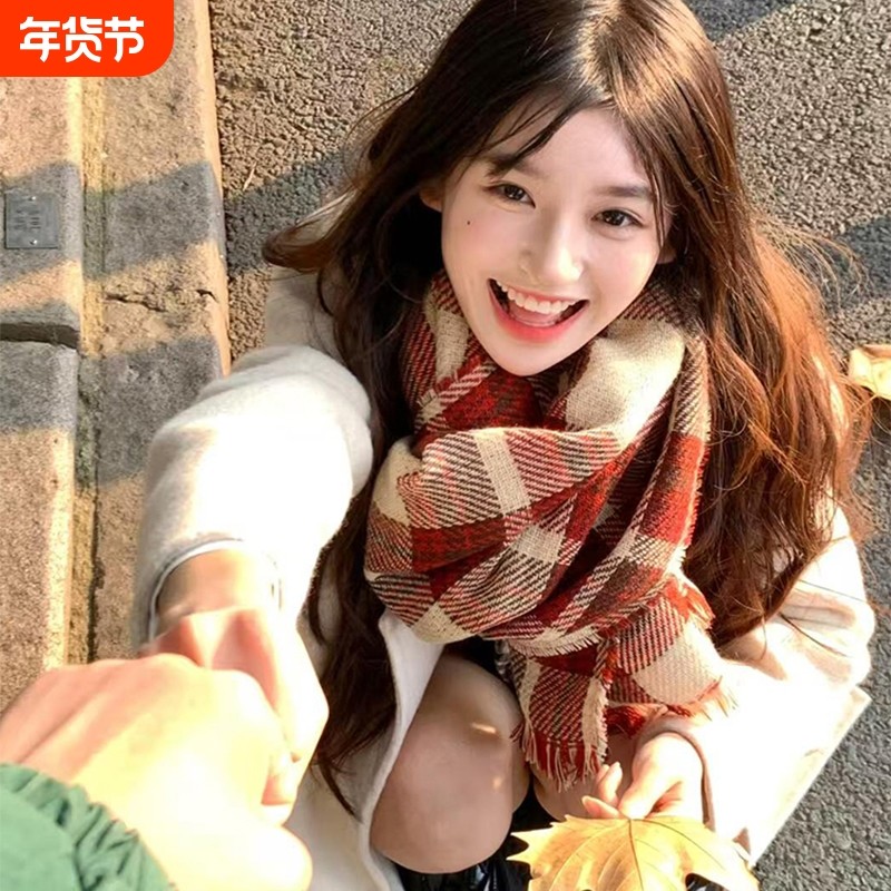 2025新款围巾女秋冬季韩版氛围感红色保暖百搭格子围脖新年礼物
