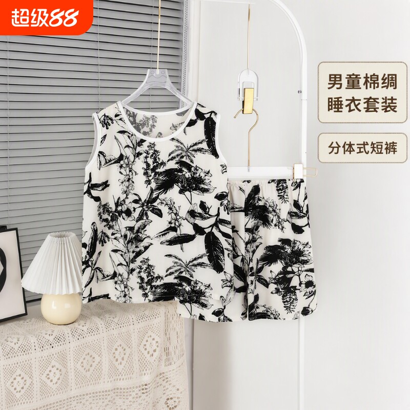 夏季男童睡衣棉绸儿童背心套装图片