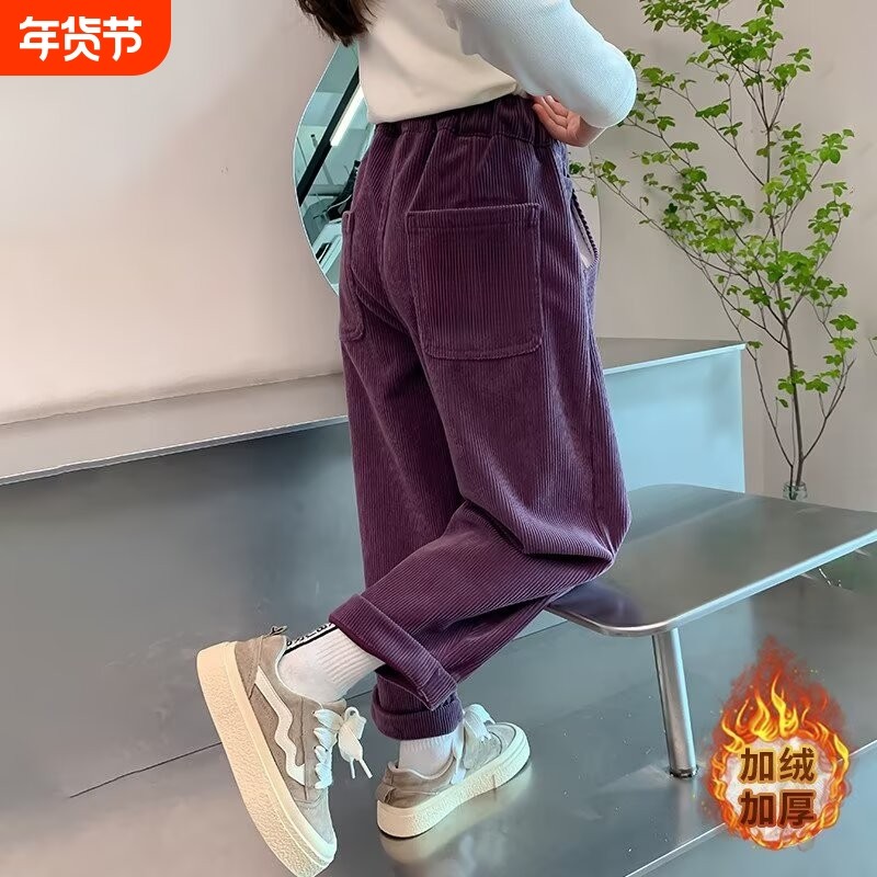 女童加绒裤子秋冬款2025新款儿童灯芯绒冬季加厚直筒裤红色牛仔
