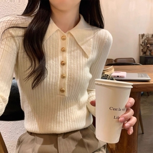 简约气质纯色polo领长袖针织衫女秋冬季百搭流行款舒适打底毛衣潮
