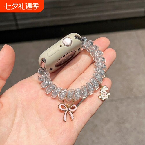 闪亮发圈适用苹果s11/10表带9弹力蝴蝶结ultra3/2/1硅胶保护壳8秋冬s7/6/5智能运动配件绿色紫色蓝色表盘电话