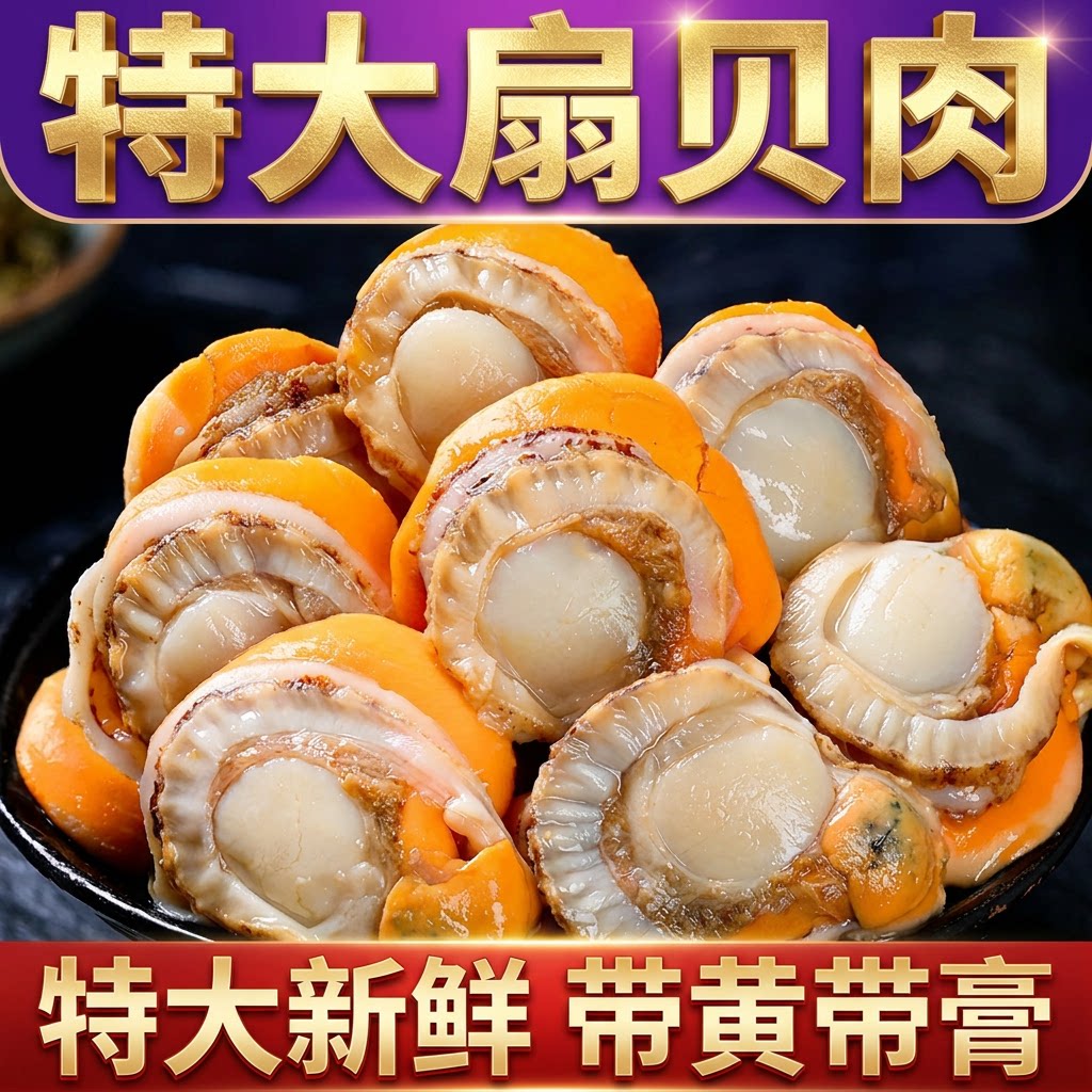 特大号扇贝肉新鲜冷冻带黄捞汁无冰大扇贝柱商用批发水产配送食品