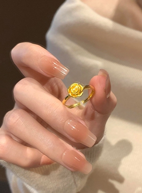 法式复古玫瑰花戒指女黄金色