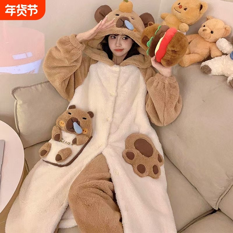新款法兰绒睡袍套装卡皮巴拉珊瑚绒加绒加厚睡衣女秋冬季天家居服,女士内衣/男士内衣/家居服,睡袍/浴袍,淘宝优惠券,粉丝福利购,淘宝优惠卷