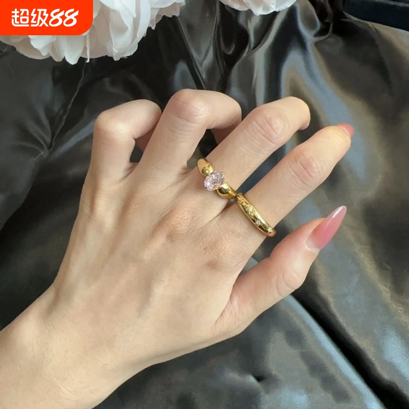 抖音直播同款胖嘟嘟粉锆石开口戒指 高品质复古法式百搭小众指环